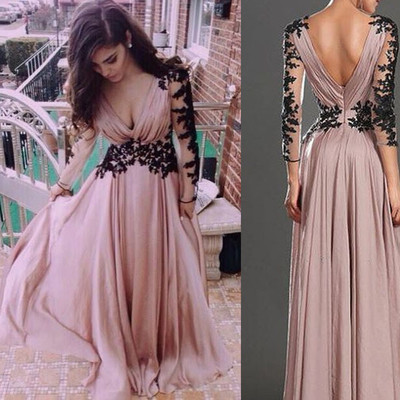 Pretty pink v-neck evening dress，prom dress for prom, appliques satin prom dress,long-sleeve prom dress，dresses for evening,sexy prom dress