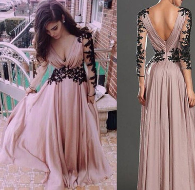 Pretty Pink V-Neck Evening Dress，Prom Dress for prom, Appliques Satin Prom Dress,Long-Sleeve Prom Dress，Dresses For Evening,Sexy Prom Dress