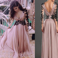 Pretty Pink V-Neck Evening Dress，Prom Dress for prom, Appliques Satin Prom Dress,Long-Sleeve Prom Dress，Dresses For Evening,Sexy Prom Dress - Thumbnail 1
