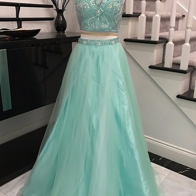 Mint halter two pieces long tulle prom dresses for teens,elegant evening dresses,modest prom gowns,cheap party dresses,women dresses