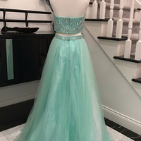 Mint Halter Two Pieces Long Tulle Prom Dresses For Teens,Elegant Evening Dresses,Modest Prom Gowns,Cheap Party Dresses,Women Dresses - Thumbnail 1
