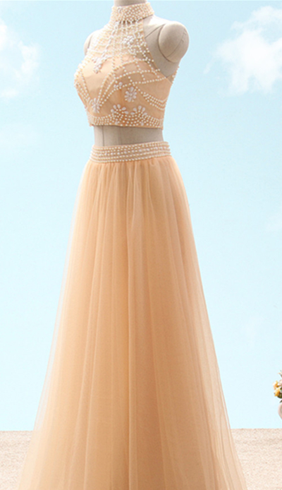 Women Long Beads Tulle Custom Evening Prom Formal Dress