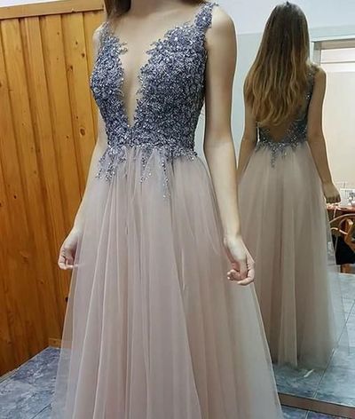 Long Prom Dress, Sexy Prom Dresses,Tulle Sleeveless Evening Dress, Deep V Neck Prom Dress, Sexy Slit Prom Dress, Formal Party Gown