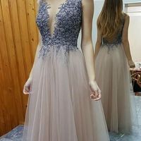 Long Prom Dress, Sexy Prom Dresses,Tulle Sleeveless Evening Dress, Deep V Neck Prom Dress, Sexy Slit Prom Dress, Formal Party Gown - Thumbnail 1