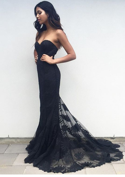 Charming Black Sweetheart Neck Lace Train Long Prom Dress, Black Evening Dress, New Arrival Prom Dress, Mermaid Prom Dress, Formal Dresses