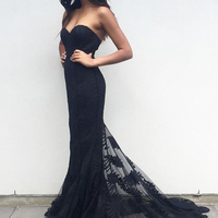 Charming Black Sweetheart Neck Lace Train Long Prom Dress, Black Evening Dress, New Arrival Prom Dress, Mermaid Prom Dress, Formal Dresses - Thumbnail 1