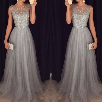 New arrival cap sleeves beading prom dresses,charming gray evening dresses,a-line modest prom gowns,long prom gowns