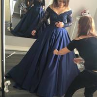 Long Sleeve Dark Navy Prom Dress,Long Prom Dresses Charming Prom Dresses Evening Dress Prom Gowns Formal Women Dress prom dress - Thumbnail 1