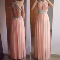 Backless prom dresses, blush pink prom dresses, long prom dresses, sexy prom dress, chiffon prom dresses - Thumbnail 1