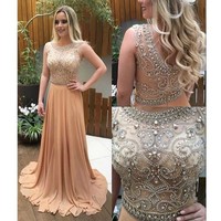See through beaded prom dress, Long Champagne prom dresses, Custom prom dresses, prom dresses shop, Cheap prom dresses, - Thumbnail 1