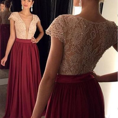Charming burgundy prom dresses,lace evening dress,prom gowns with sheer sleeves,a-line prom gown,beautiful lace formal gown