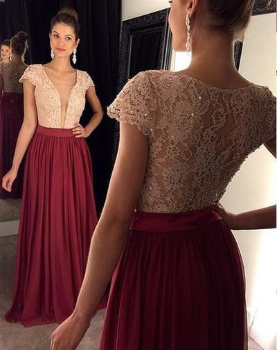 Charming Burgundy Prom Dresses,Lace Evening Dress,Prom Gowns With Sheer Sleeves,A-line Prom Gown,Beautiful Lace Formal Gown