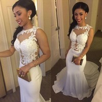 Sexy Lace White Long Prom Dresses, Chiffon Mermaid Prom Dress, Chiffon and Lace Prom Dresses - Thumbnail 1