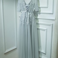 Beautiful Half Sleeves Lace Prom Dress, Sexy V Neck Prom Dress, Tulle Prom Dress, Floor Length Prom Dress, Full Length Evening Dress,  - Thumbnail 1