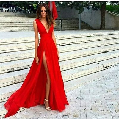Split prom dresses,red formal dress,sexy slit evening dress,v-neckline red evening gowns,slit sexy party dresses.chiffon prom dress