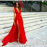 Split Prom Dresses,Red Formal Dress,Sexy Slit Evening Dress,V-neckline Red Evening Gowns,Slit Sexy Party Dresses.Chiffon Prom Dress - Thumbnail 1