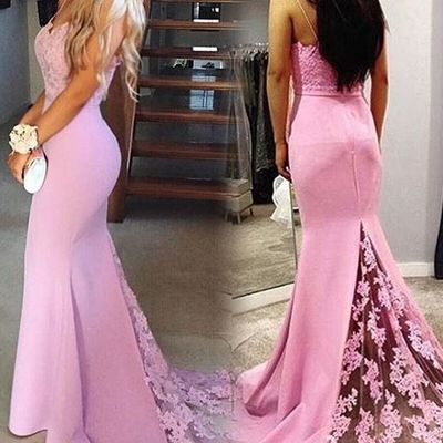 Sexy spaghetti straps mermaid prom dress, lace prom dress, long prom dress, sweetheart neckline prom dress, lace bridesmaid dress,  - Thumbnail 2