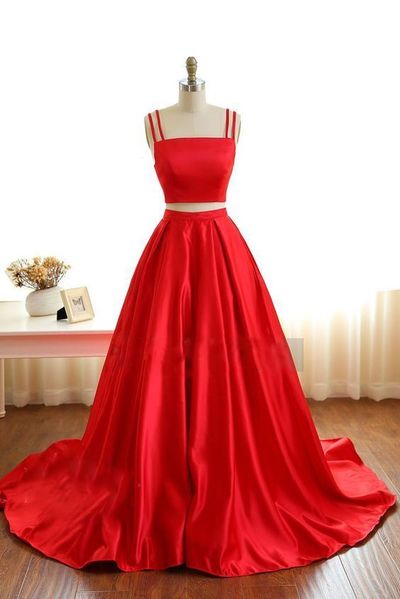 Red High Neckline Prom Dress, Two Pieces Prom Dress, Spaghetti Straps Prom Dresses, Senior Prom Dress, Graduation Dresses