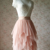 Blush Pink Midi Tulle Skirt Ladies High Waisted Tulle Tutu Skirt High Low Layered Tulle Skirt Plus Size - Thumbnail 1