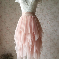 Blush Pink Midi Tulle Skirt Ladies High Waisted Tulle Tutu Skirt High Low Layered Tulle Skirt Plus Size - Thumbnail 2
