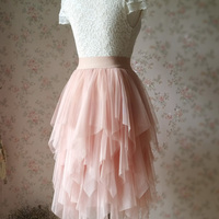 Blush Pink Midi Tulle Skirt Ladies High Waisted Tulle Tutu Skirt High Low Layered Tulle Skirt Plus Size - Thumbnail 4