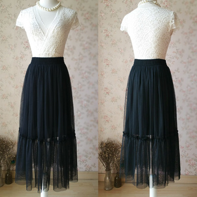 Black full midi tulle outfit skirt women custom plus size black tutu skirt high waisted midi tulle skirt