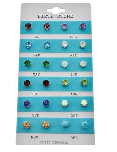 Birth Stone Silver Tone Earring Pack (12 Earring Sets Included)
