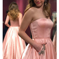 Simple Prom Dresses, Strapless Evening Dresses, Green Color Prom Dress, Off Shoulder Sleeveless Satin Prom Dress - Thumbnail 1