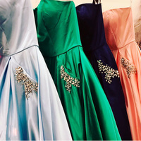 Simple Prom Dresses, Strapless Evening Dresses, Green Color Prom Dress, Off Shoulder Sleeveless Satin Prom Dress - Thumbnail 2