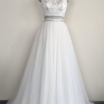 New two pieces crystal beads prom dresses sexy high neck crop top open back party dresses nude tulle long evening gowns