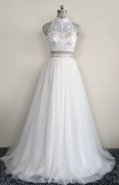 New Two Pieces Crystal Beads Prom Dresses Sexy High Neck Crop Top Open Back Party Dresses Nude Tulle Long Evening Gowns