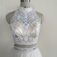 New Two Pieces Crystal Beads Prom Dresses Sexy High Neck Crop Top Open Back Party Dresses Nude Tulle Long Evening Gowns - Thumbnail 1