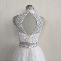 New Two Pieces Crystal Beads Prom Dresses Sexy High Neck Crop Top Open Back Party Dresses Nude Tulle Long Evening Gowns - Thumbnail 2