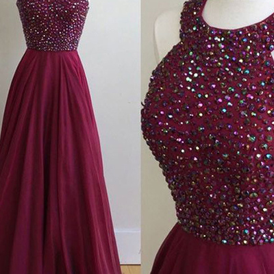 A-line halter sweep train burgundy chiffon prom dress with beading