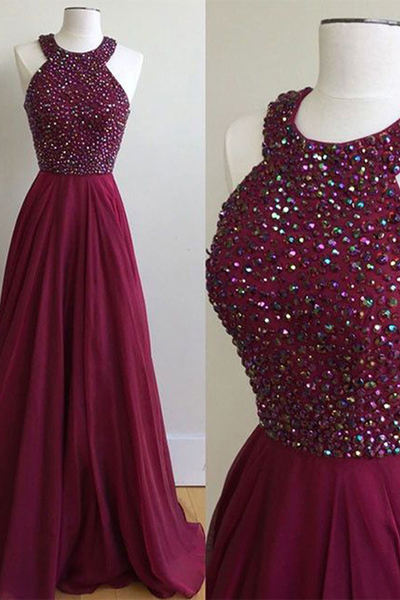 A-Line Halter Sweep Train Burgundy Chiffon Prom Dress with Beading