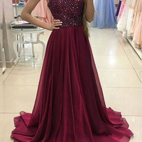 A-Line Halter Sweep Train Burgundy Chiffon Prom Dress with Beading - Thumbnail 1