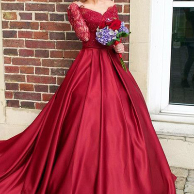 Ball gown off-the-shouler sweep train long sleeves burgundy satin prom dress with appliques