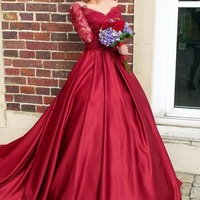 Ball Gown Off-the-Shouler Sweep Train Long Sleeves Burgundy Satin Prom Dress with Appliques - Thumbnail 1