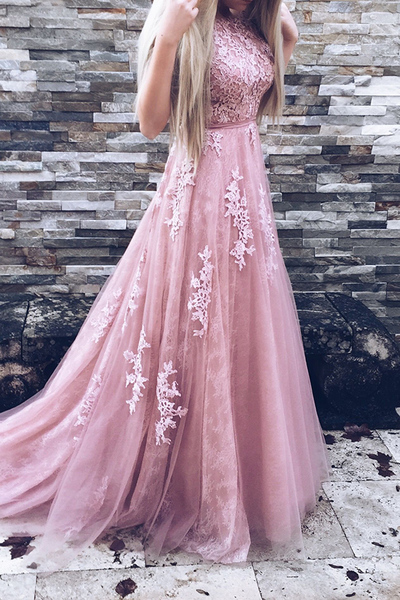 A-Line Crew Sweep Train Pink Tulle Prom Dress with Appliques Sash