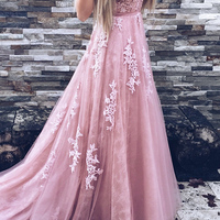 A-Line Crew Sweep Train Pink Tulle Prom Dress with Appliques Sash - Thumbnail 1