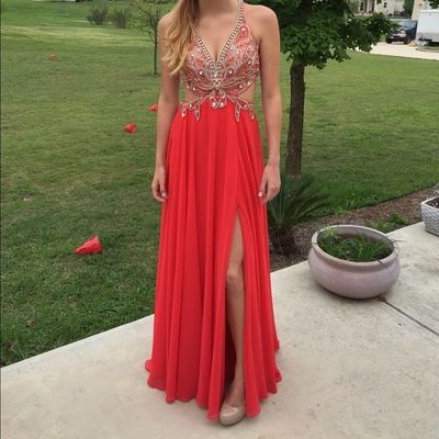 Charming Crystal and Beaded Prom Dress,Sexy V Neck Prom Dress,Split Side Baackless Prom Gown, Evening Dress,Long Party Dresses Evening Gowns