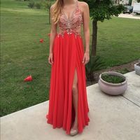 Charming Crystal and Beaded Prom Dress,Sexy V Neck Prom Dress,Split Side Baackless Prom Gown, Evening Dress,Long Party Dresses Evening Gowns - Thumbnail 1