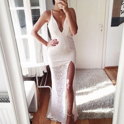White Sexy Spaghetti Straps Front-Split Sheath Lace Prom Dresses