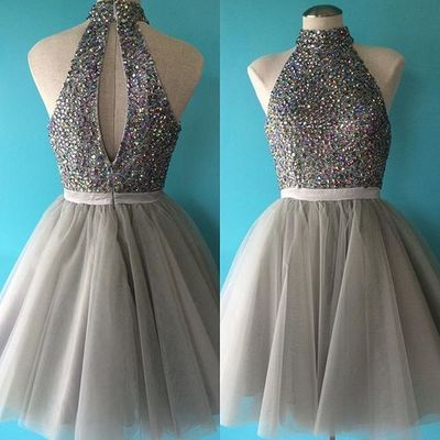 Halter Tulle Beaded Prom Dress,Sexy Prom Dress,Short Prom Dresses,Elegant Homecoming Dress,Homecoming Dresses