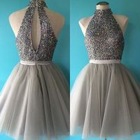 Halter Tulle Beaded Prom Dress,Sexy Prom Dress,Short Prom Dresses,Elegant Homecoming Dress,Homecoming Dresses - Thumbnail 1