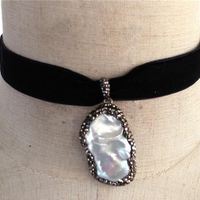 Pearl Oval Stone Black Velvet Choker - Thumbnail 1