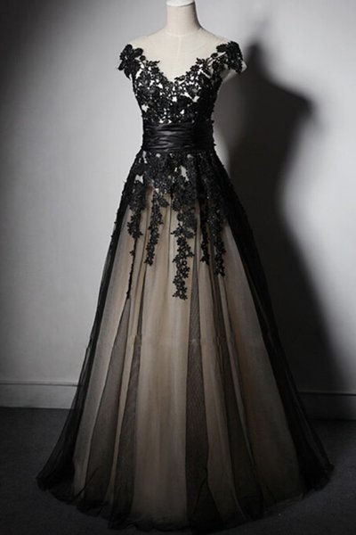 Black tulle lace applique V neck see-through A-line long prom dresses,formal dresses