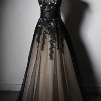 Black tulle lace applique V neck see-through A-line long prom dresses,formal dresses - Thumbnail 1
