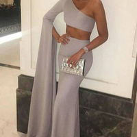Special Two Piece One Shoulder Long Sleeves Floor Length Grey Mermaid Prom Dress - Thumbnail 1