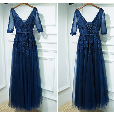 Elegant prom dress,half sleeve appliques prom dress,tulle long dress for prom,vintage evening dress,formal evening dresses